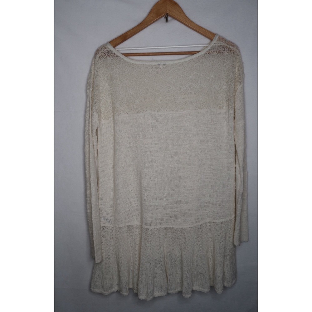 Free People Lace Knit Tunic Sweater Women's S Cream Boho Flowy Coquette Top - Picture 11 of 12